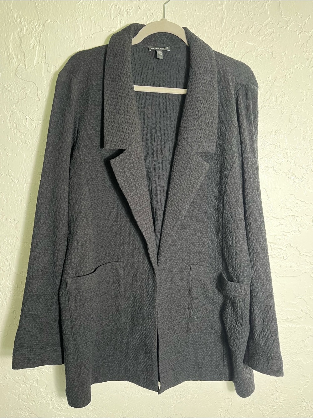 Eileen Fisher Black Textured Open Front Jacket Cardigan Large Organic‎ Cotton